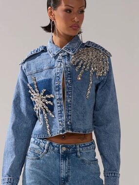 AKIRA Blue Crystal-Embellished Denim Jacket